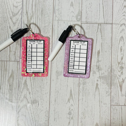 Custom Color Bank Slip Keychain, Budget Keychain, Glitter Bank Slip Keychain