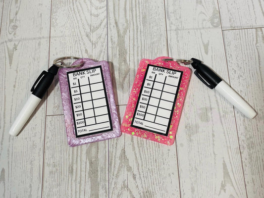 Custom Color Bank Slip Keychain, Budget Keychain, Glitter Bank Slip Keychain