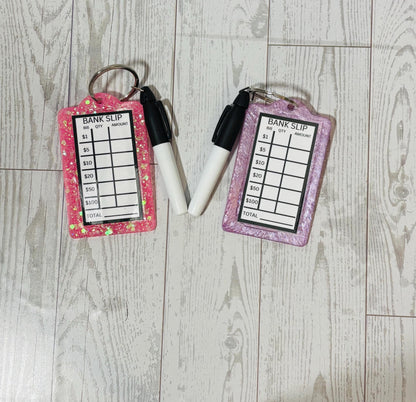Custom Color Bank Slip Keychain, Budget Keychain, Glitter Bank Slip Keychain
